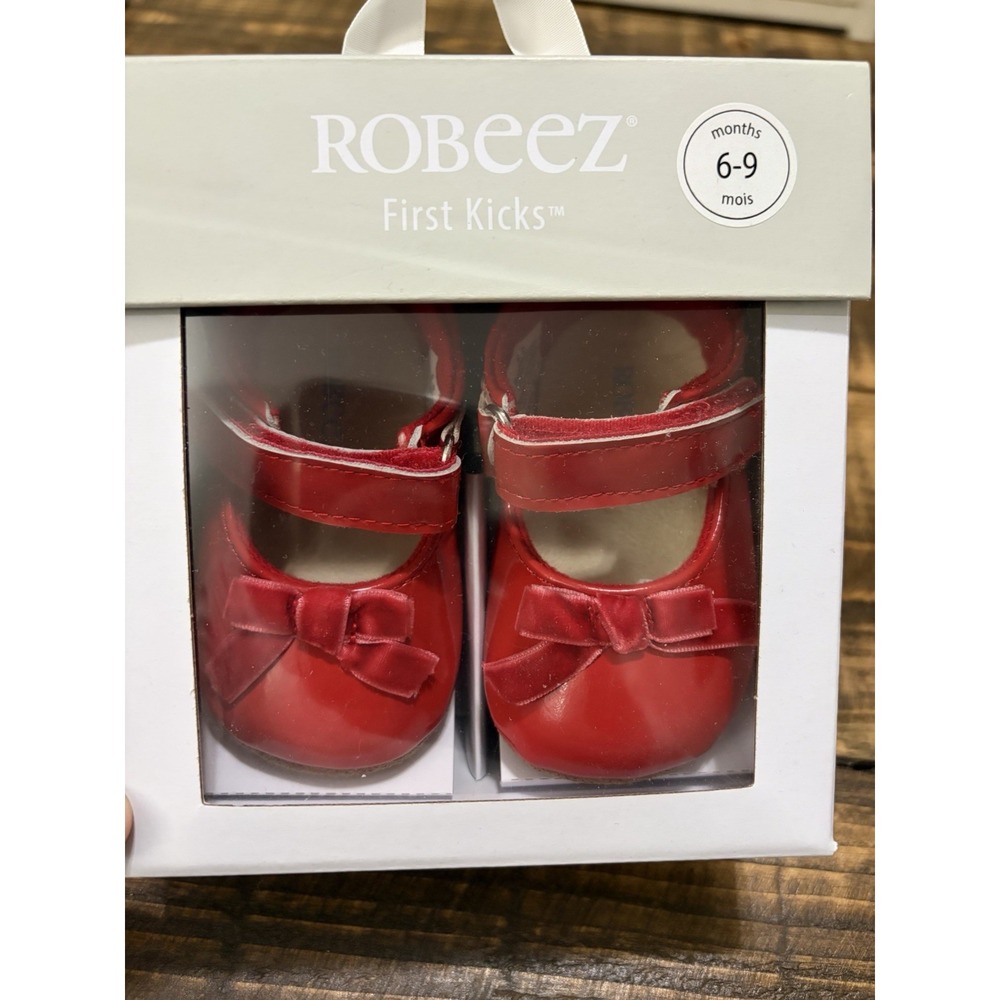 Robeez First Kicks Red Velvet Bow Mary Jane Baby Shoes 6-9 Months